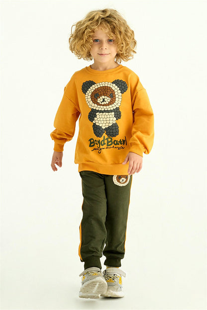 Boy's Mustard Colored Teddy Bear Printed Long Sleeve Double Suit