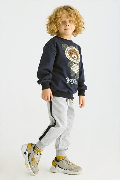 Boy's Navy Blue Colored Teddy Bear Printed Long Sleeve Double Suit