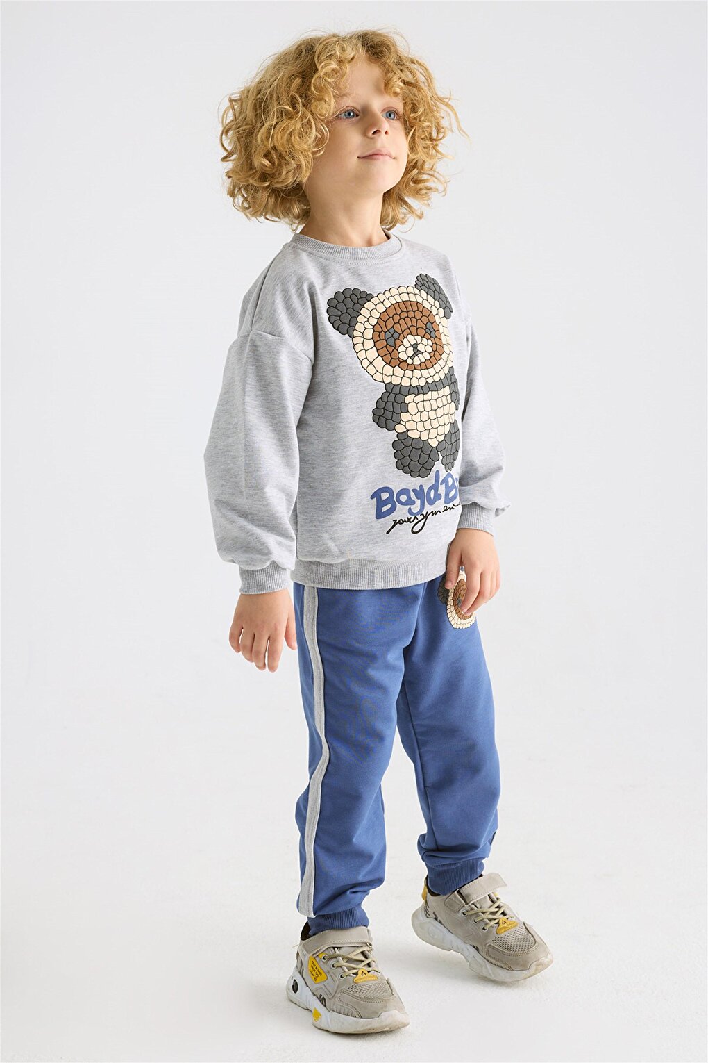 Boy's Gray Colored Teddy Bear Printed Long Sleeve Double Suit