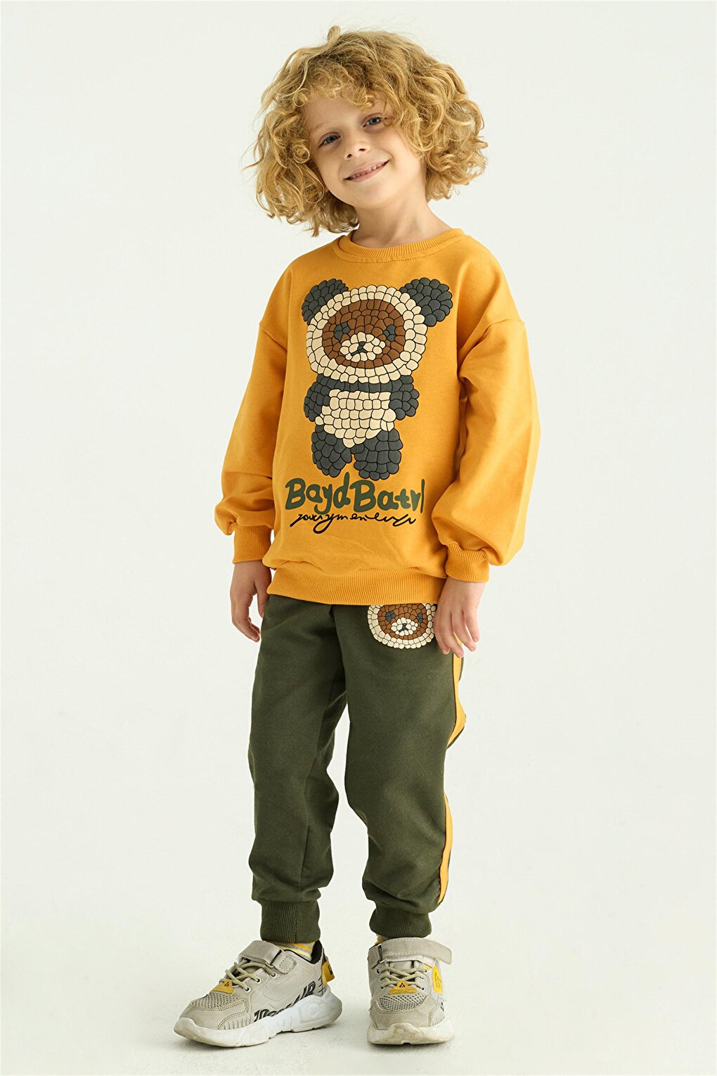 Boy's Mustard Colored Teddy Bear Printed Long Sleeve Double Suit