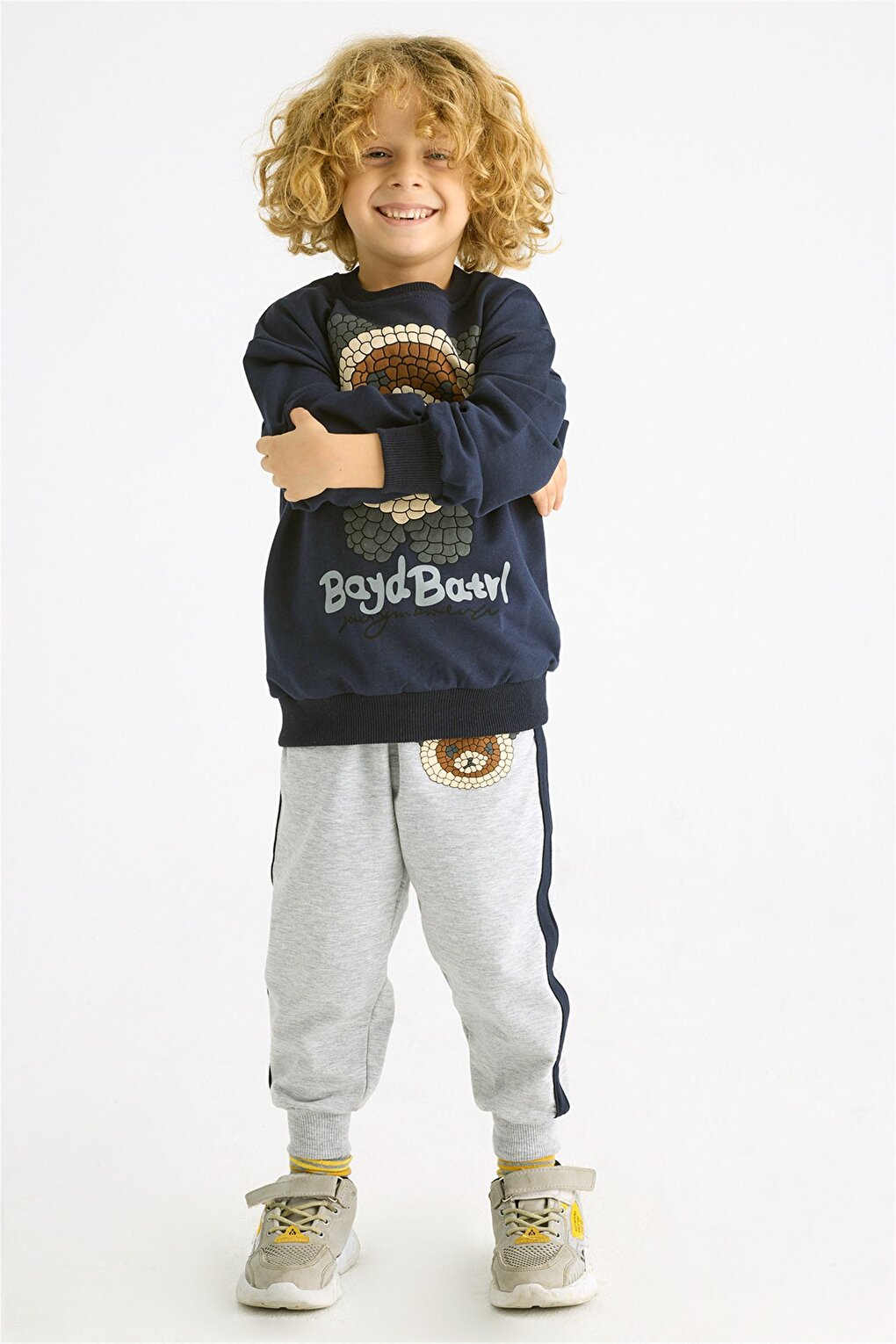 Boy's Navy Blue Colored Teddy Bear Printed Long Sleeve Double Suit