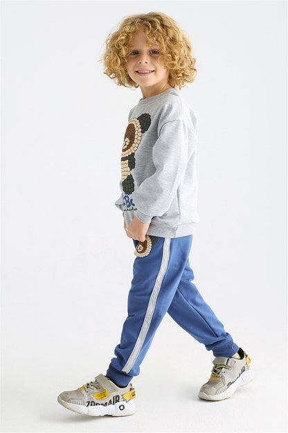 Boy's Gray Colored Teddy Bear Printed Long Sleeve Double Suit