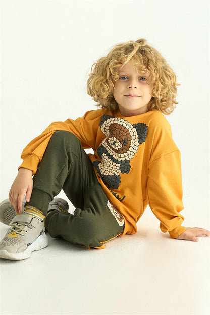 Boy's Mustard Colored Teddy Bear Printed Long Sleeve Double Suit