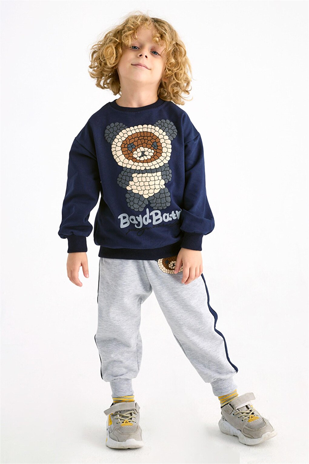 Boy's Navy Blue Colored Teddy Bear Printed Long Sleeve Double Suit