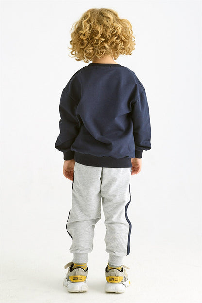 Boy's Navy Blue Colored Teddy Bear Printed Long Sleeve Double Suit