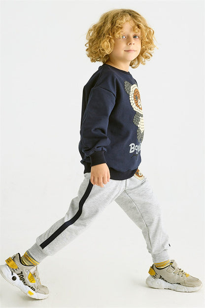 Boy's Navy Blue Colored Teddy Bear Printed Long Sleeve Double Suit