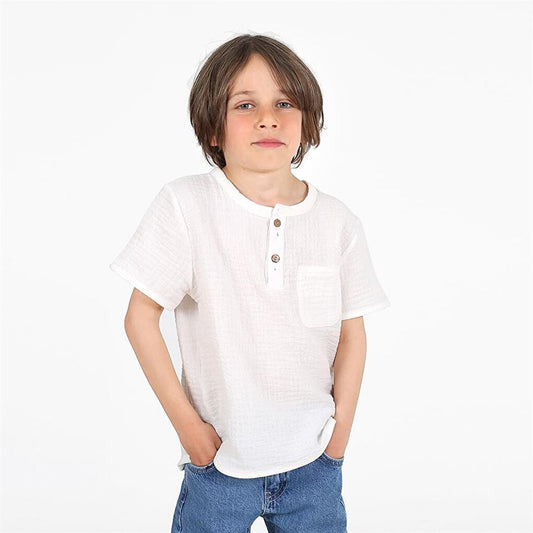 Boy's Pocket Detailed Ecru Lycra Pique Collar Tshirt