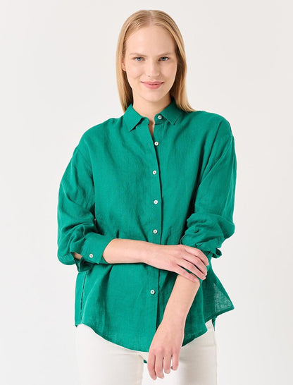 Green Long Sleeve Plain Linen Shirt