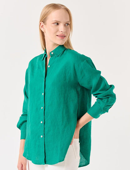 Green Long Sleeve Plain Linen Shirt