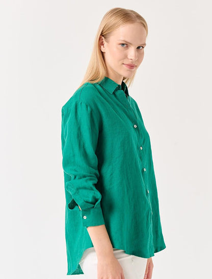 Green Long Sleeve Plain Linen Shirt