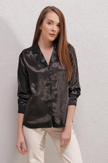 20140 Double Breasted Collar Satin Shirt - Black