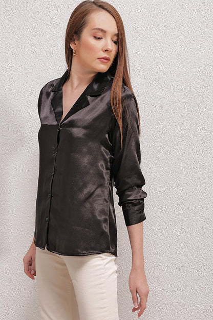 20140 Double Breasted Collar Satin Shirt - Black