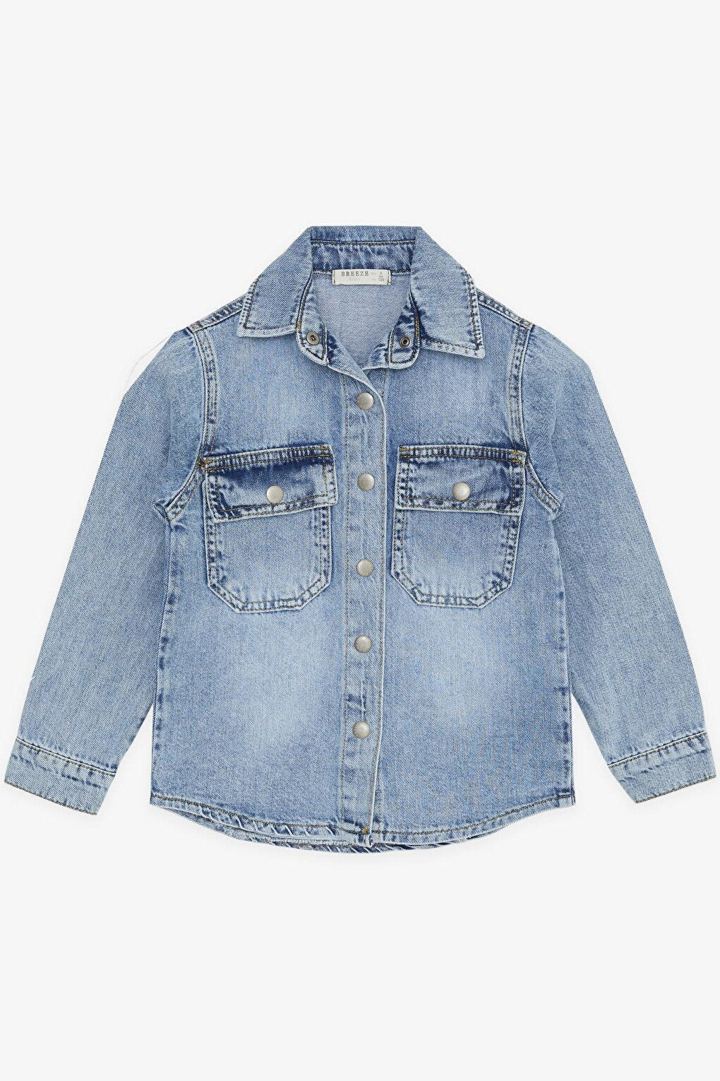 Girl's Jean Shirt Jacket Pocket and Snap Fastener Blue (Age 8-14)