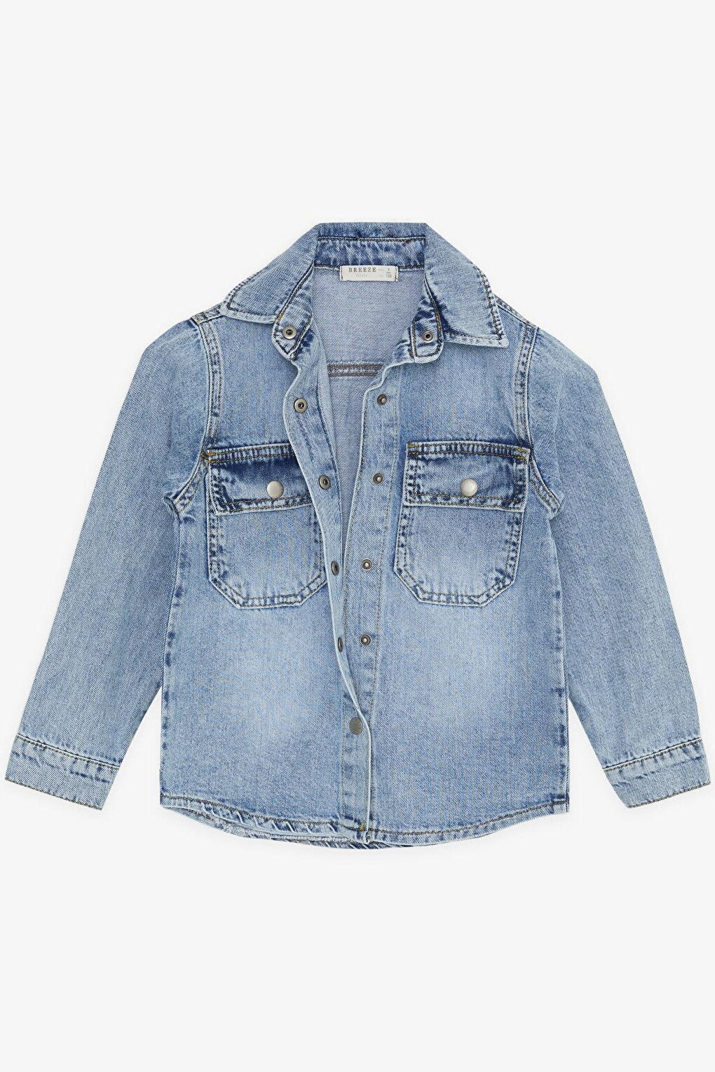 Girl's Denim Shirt Jacket Pocket with Snap Fastener Blue (8-14 Years)