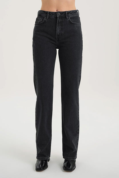 Anthracite High Waist Zippered Vintage Straight Fit Jean Trousers C 4931-005