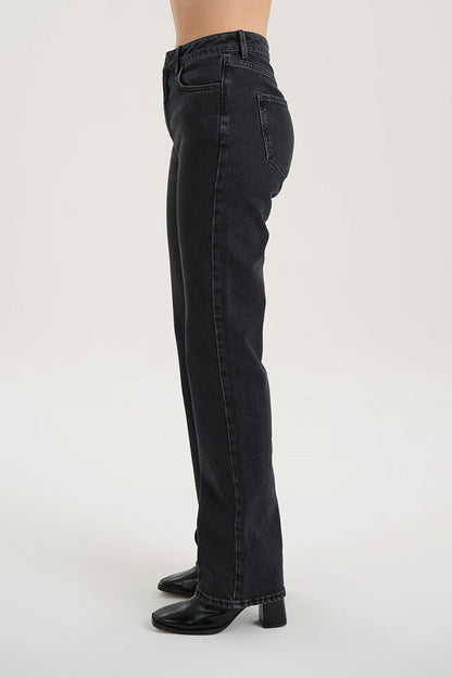 Anthracite High Waist Zippered Vintage Straight Fit Jean Trousers C 4931-005