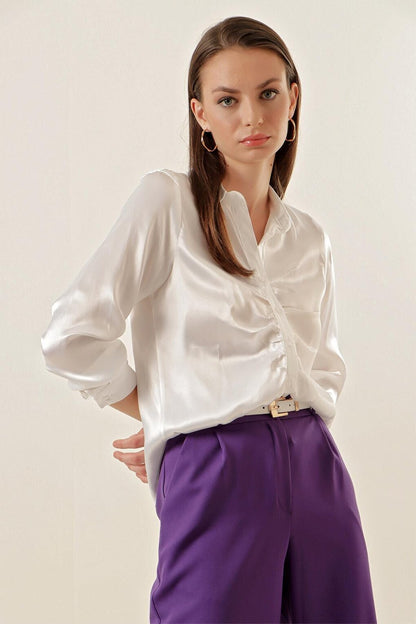 20112 Gathered Satin Shirt - White