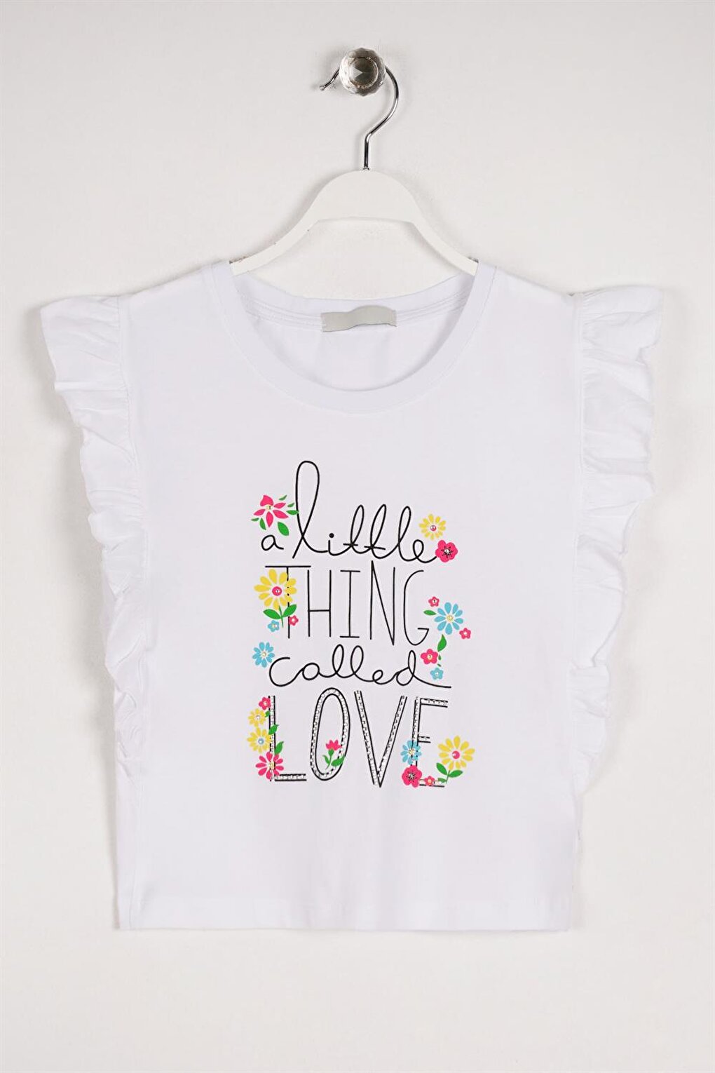 Girl's White Colored Little Think Love Text Printed T-Shirt with Ruffles on the Sides