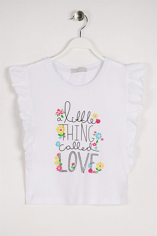 Girl's White Colored Little Think Love Text Printed T-Shirt with Ruffles on the Sides