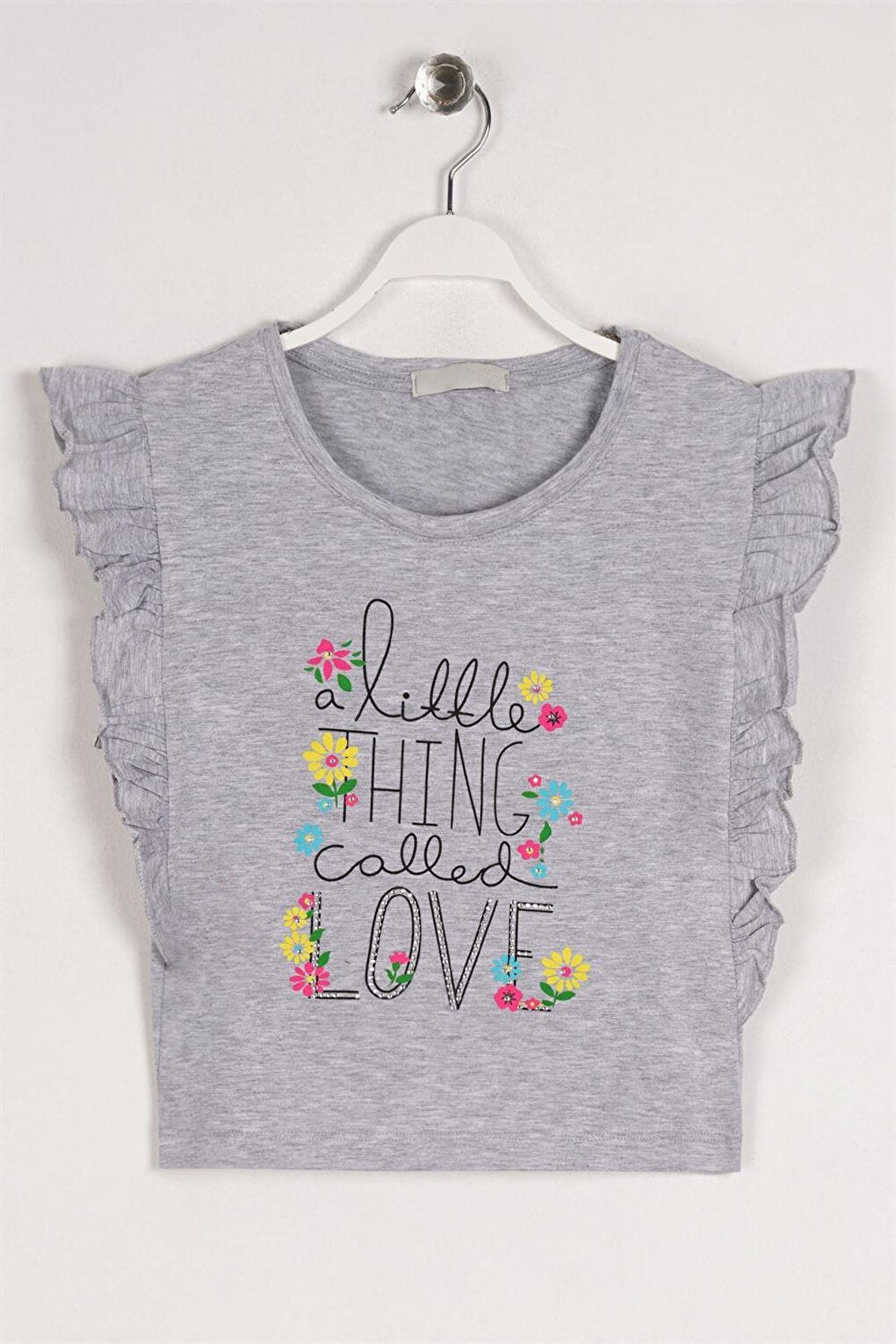 Girl's Gray Melange Colored Little Think Love Text Printed T-Shirt with Ruffles on the Sides