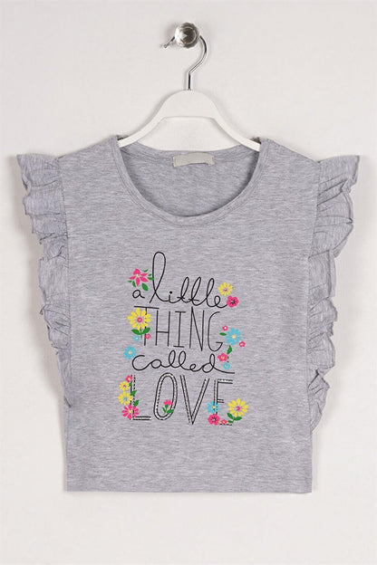 Girl's Gray Melange Colored Little Think Love Text Printed T-Shirt with Ruffles on the Sides