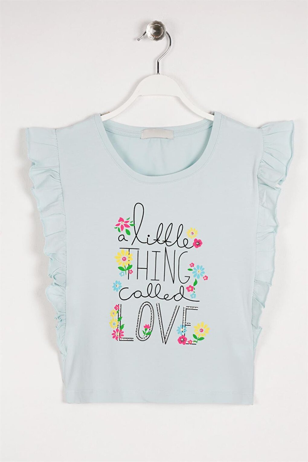 Girl's Mint Colored Little Think Love Text Printed T-Shirt with Ruffles on the Sides