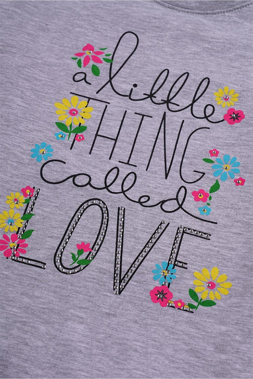 Girl's Gray Melange Colored Little Think Love Text Printed T-Shirt with Ruffles on the Sides