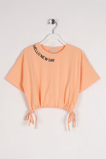 Girl's Salmon Colored Hello New Day Written T-Shirt with Waist Tie