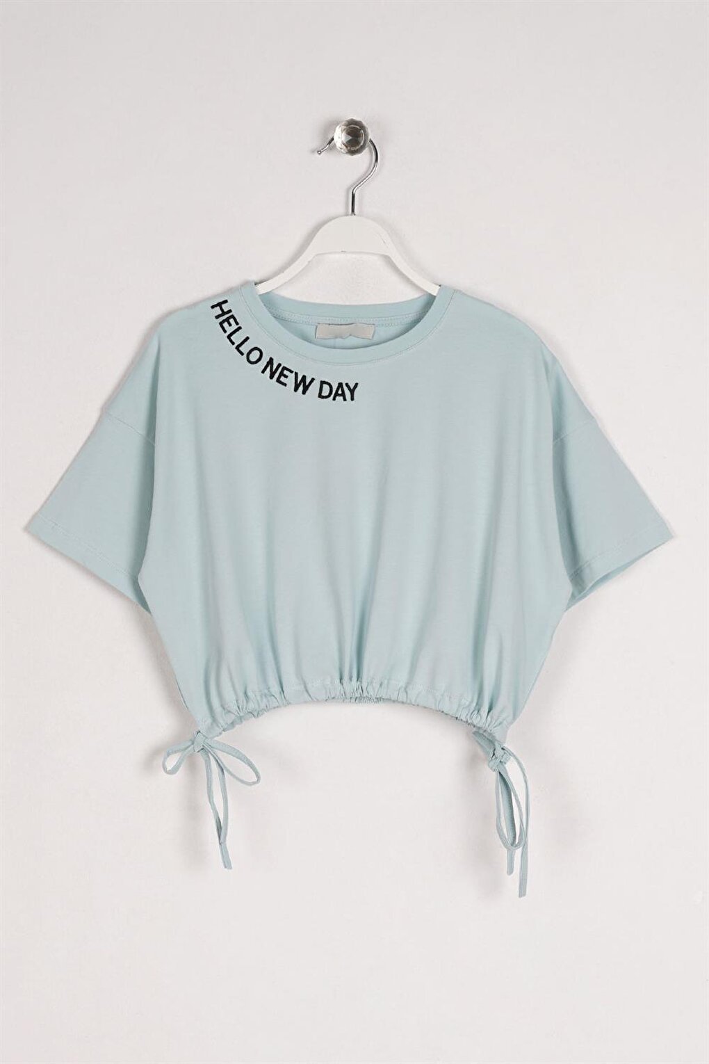 Girl's Mint Colored Hello New Day Written T-Shirt with Waist Tie