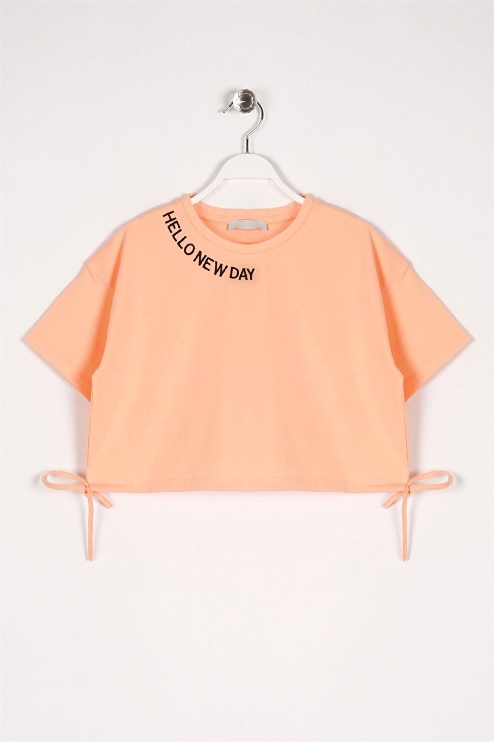 Girl's Salmon Colored Hello New Day Written T-Shirt with Waist Tie