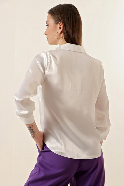 20112 Gathered Satin Shirt - White