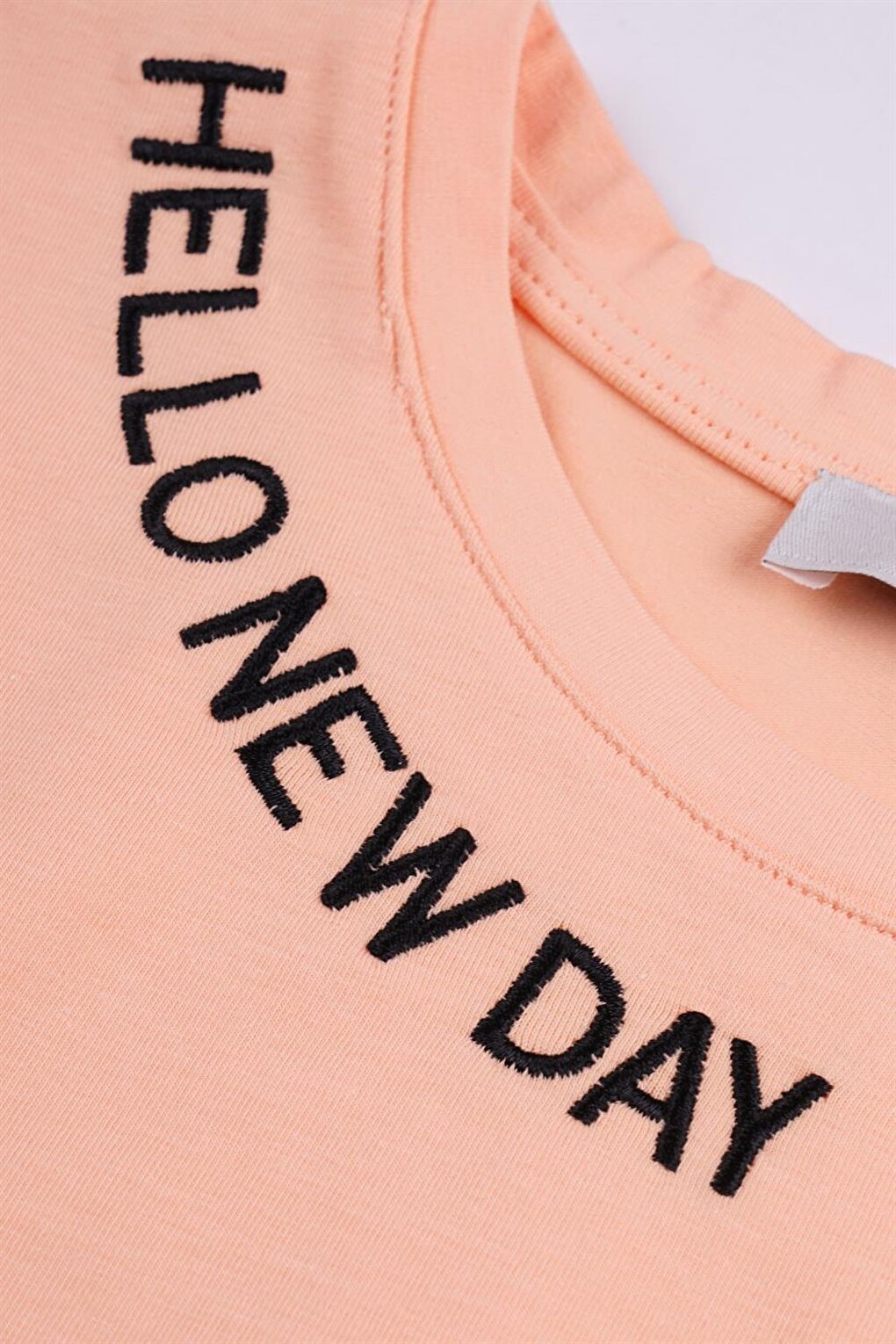 Girl's Salmon Colored Hello New Day Written T-Shirt with Waist Tie