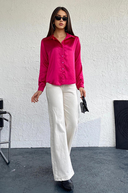 Fuchsia Draped Viscose Basic Satin Shirt