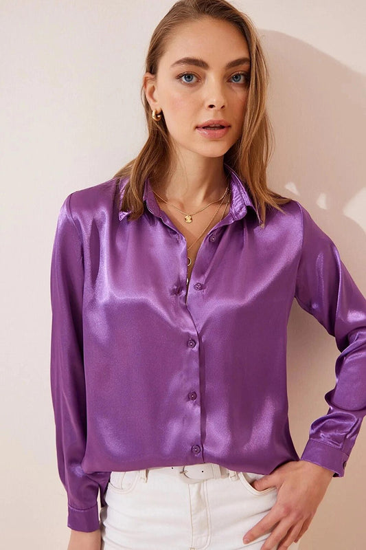 Purple Draped Viscose Basic Satin Shirt