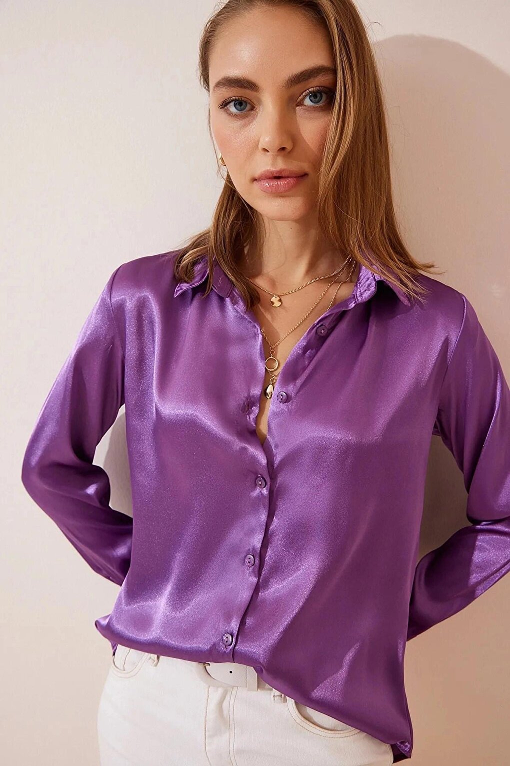 Purple Draped Viscose Basic Satin Shirt