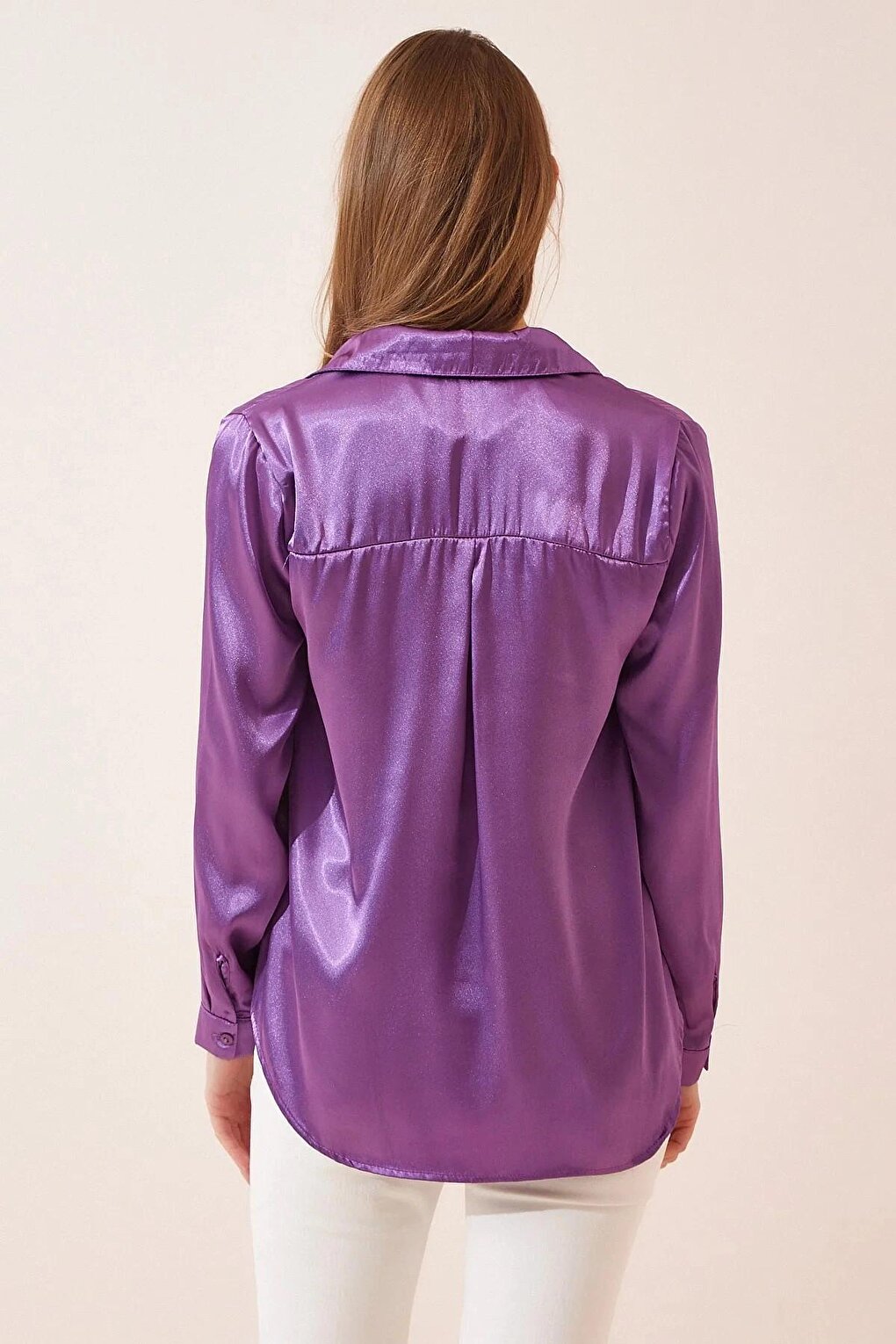 Purple Draped Viscose Basic Satin Shirt