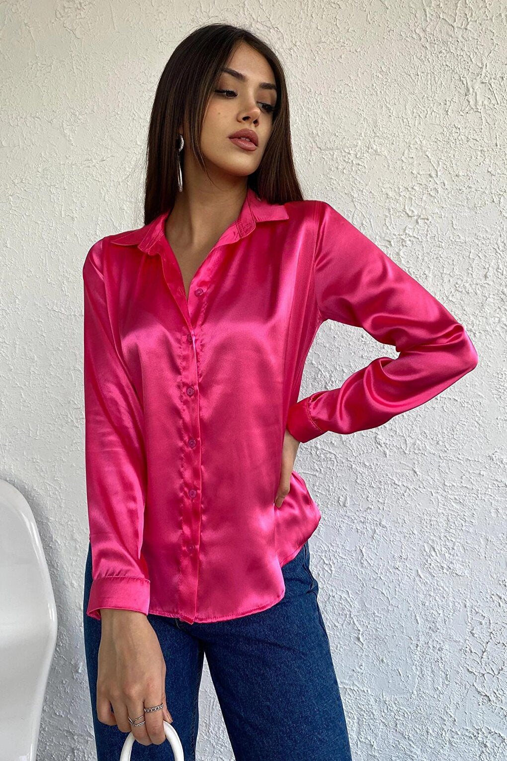 Pink Flowy Viscose Basic Satin Shirt