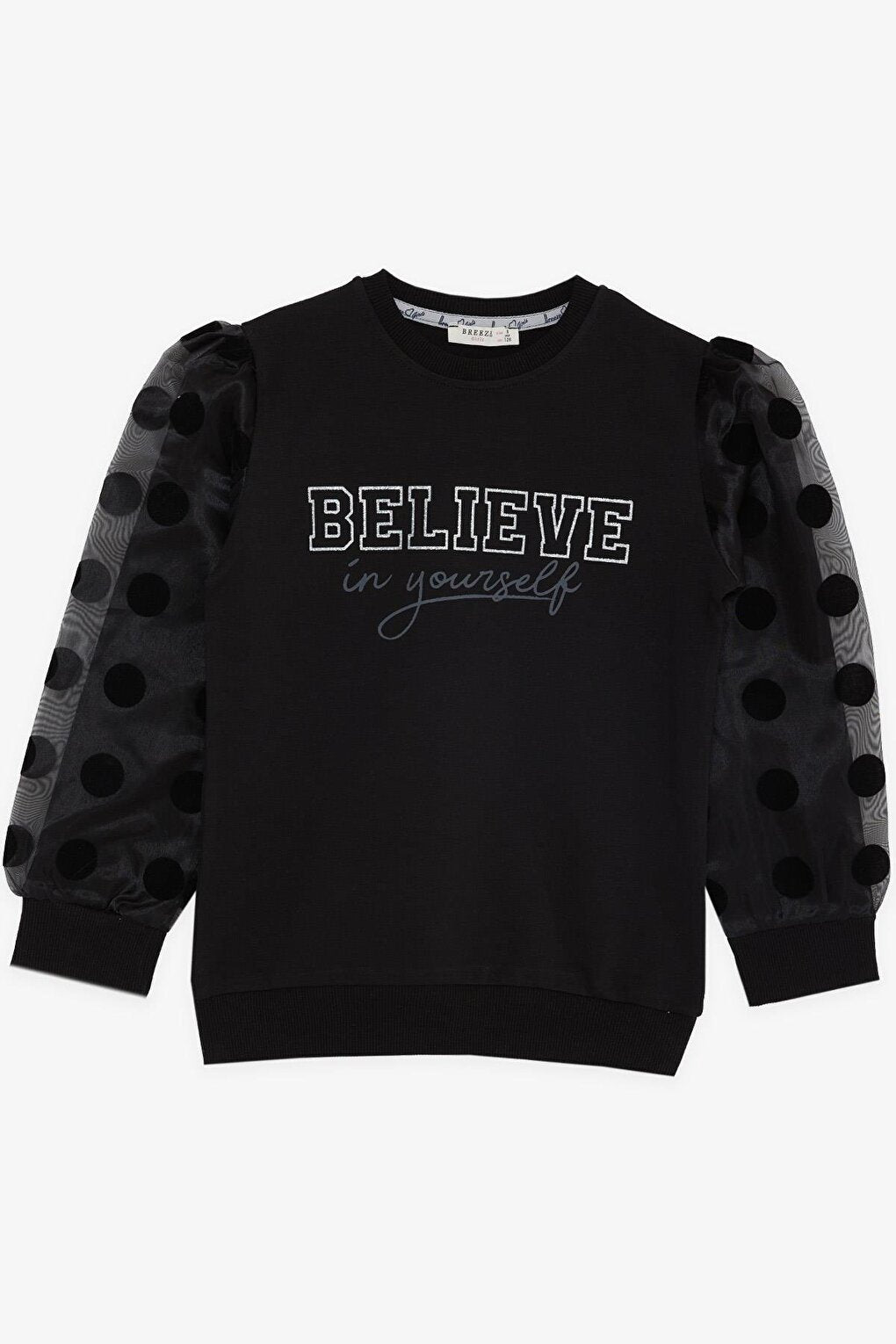 Girl's Sweatshirt with Tulle on Sleeves, Glitter, Text Printed and Polka Dots in Black (Age 10-12)