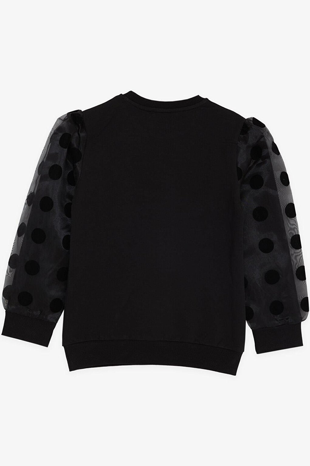 Girl's Sweatshirt with Tulle on Sleeves, Glitter, Text Printed and Polka Dots in Black (Age 10-12)