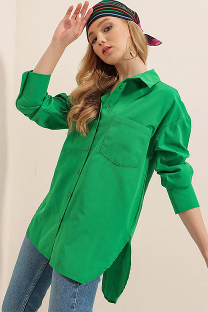 3952 Buttoned Back Boyfriend Shirt - Green