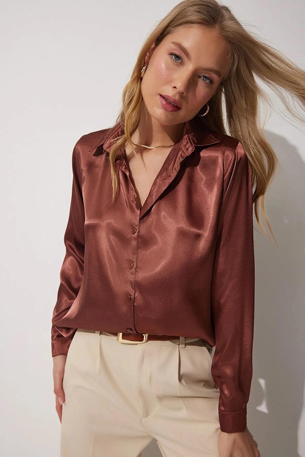 Brown Draped Viscose Basic Satin Shirt