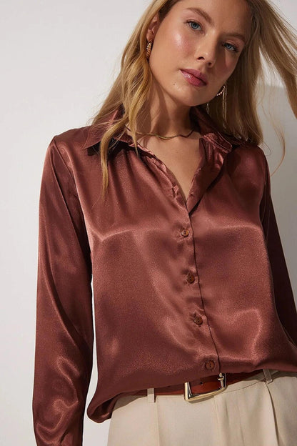 Brown Draped Viscose Basic Satin Shirt