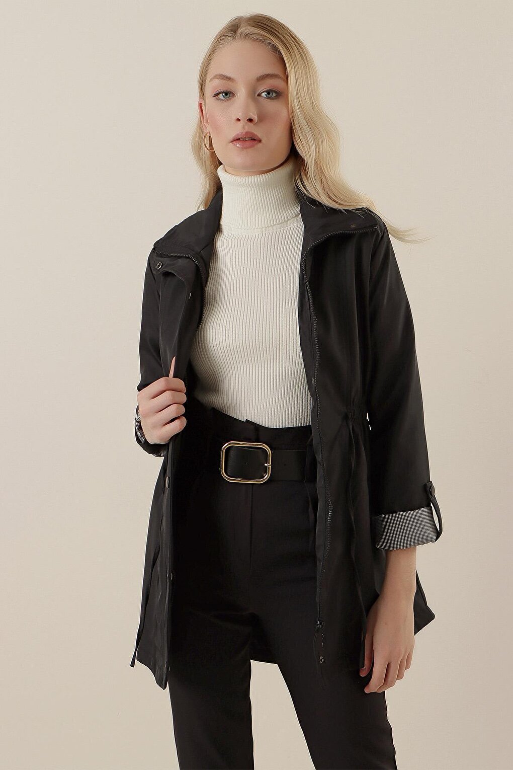 10322 Gathered Waist Trench Coat - Black