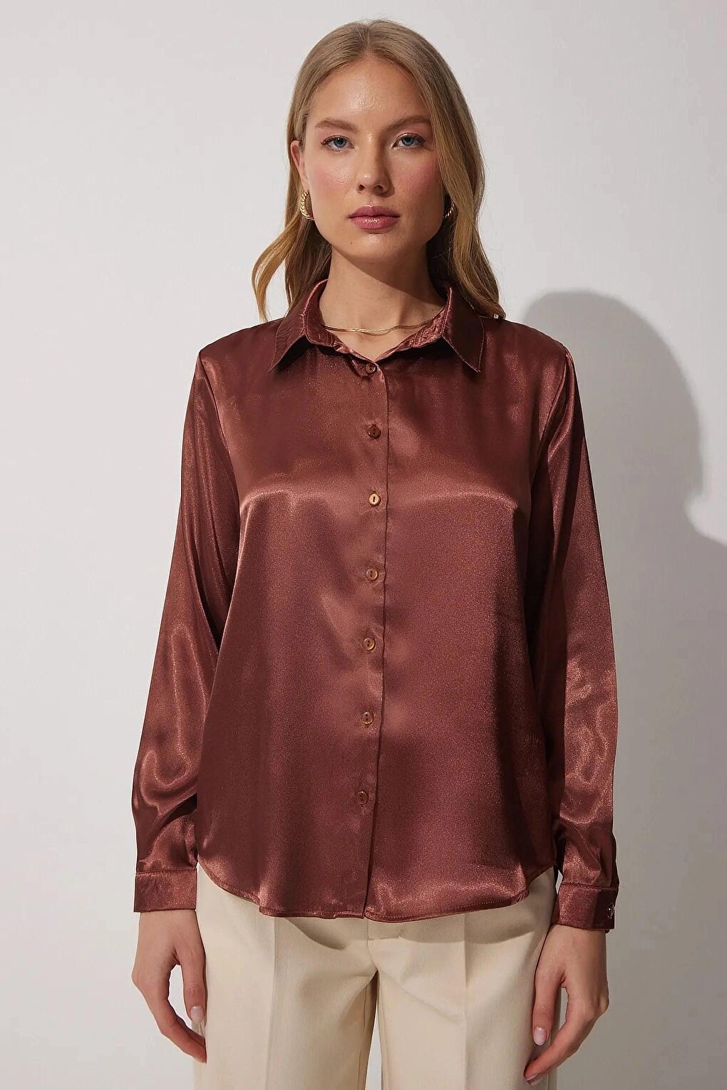 Brown Draped Viscose Basic Satin Shirt