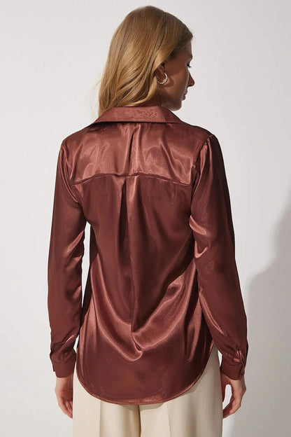 Brown Draped Viscose Basic Satin Shirt