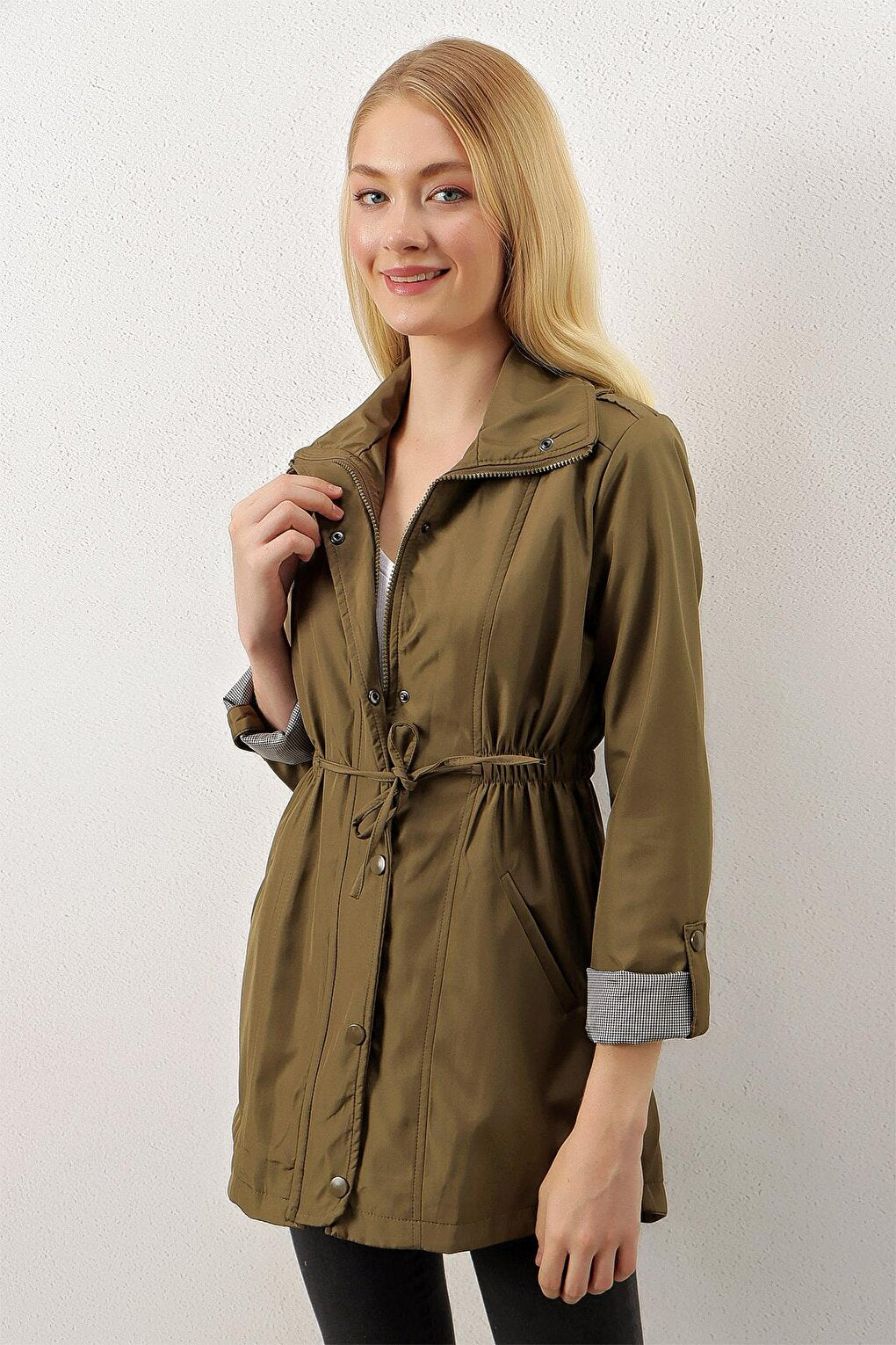 Khaki Zippered Waist Gathered Sleeve Cuffed Trench Coat