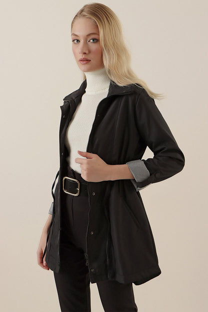 10322 Gathered Waist Trench Coat - Black