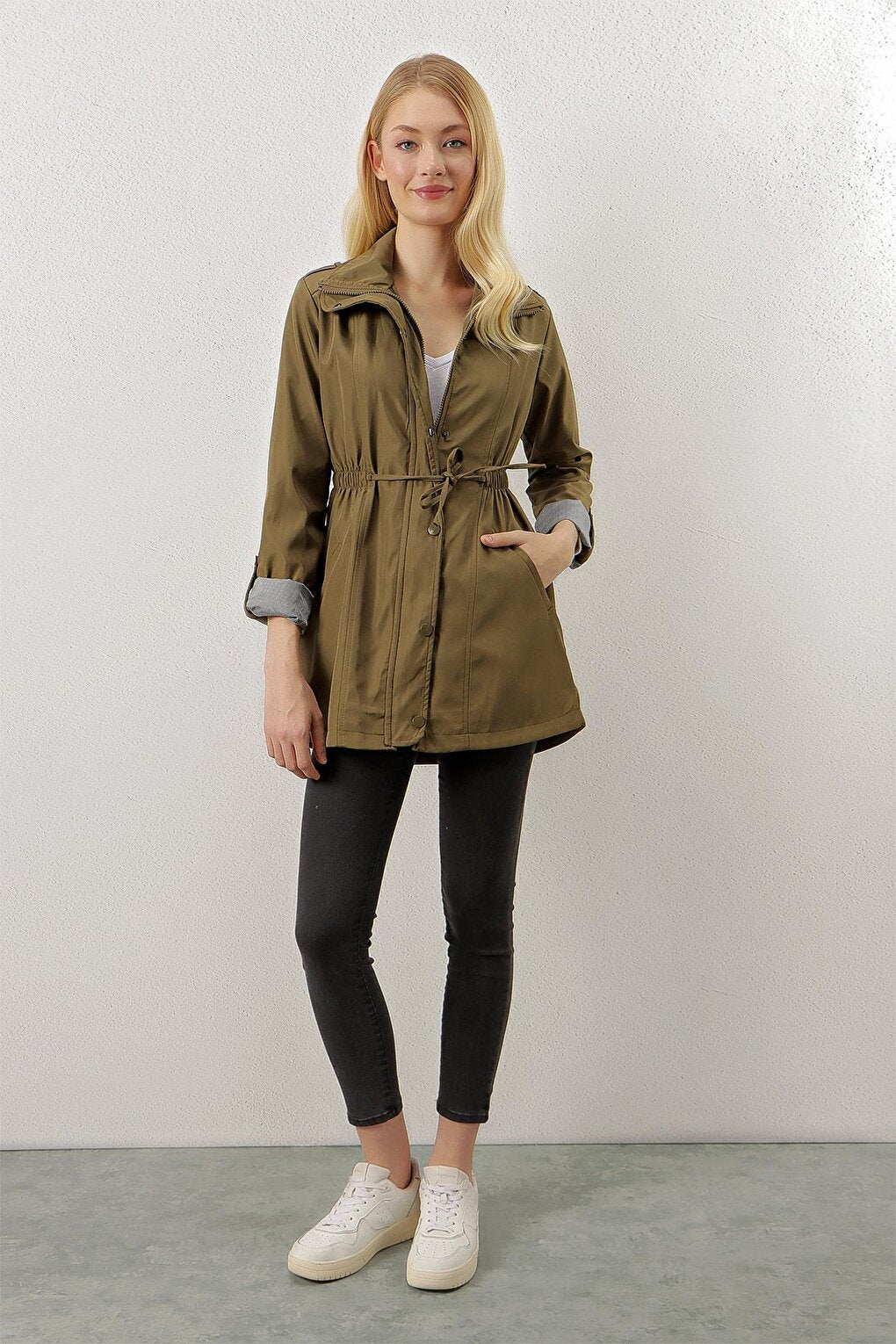 Khaki Zippered Waist Gathered Sleeve Cuffed Trench Coat