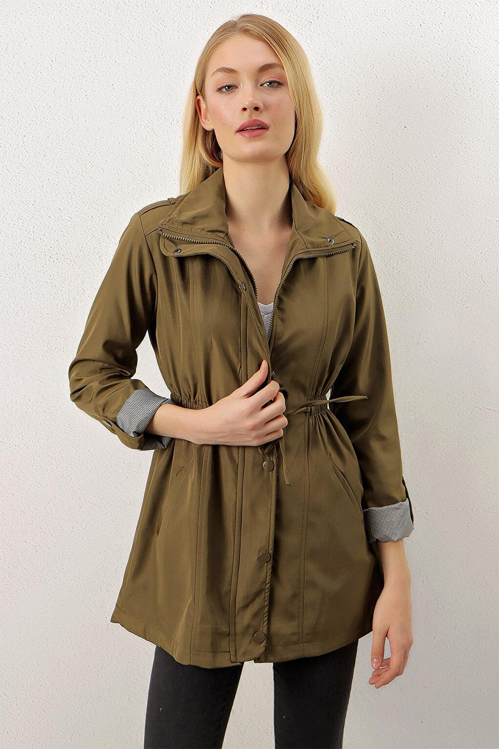 Khaki Zippered Waist Gathered Sleeve Cuffed Trench Coat