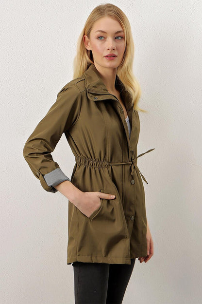 Khaki Zippered Waist Gathered Sleeve Cuffed Trench Coat